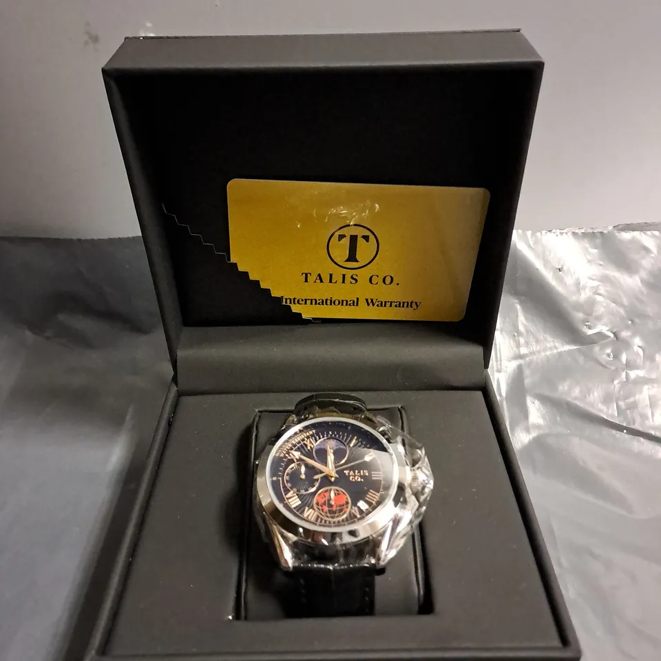 BOXED TALIS CO CHRONOGRAPH BLACK WATCH WITH LEATHER STRAP