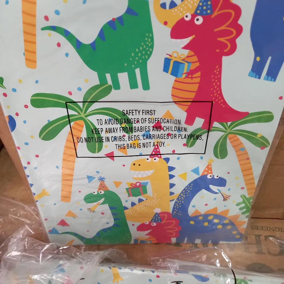 LOT OF LARGE QUANTITY OF GIFTWRAP & TAGS - 1 BOX OF DINOSAUR THEME AND 1 BOX OF FLORAL THEME