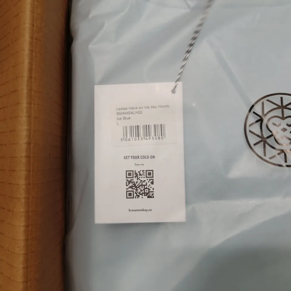BOX OF APPROXIMATELY 14X BRAND NEW BRASS MONKEY LADIES HOODY - ICE BLUE, BMAW24LH02 // SIZE: L