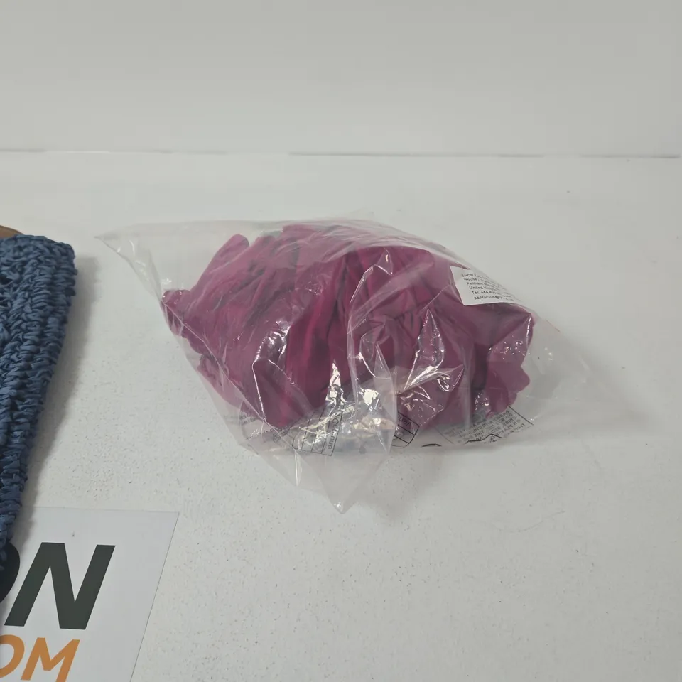 BOX OF APPROXIMATELY 9 ASSORTED ITEMS INCLUDING WOVEN BLUE BAG AND LA MAREY TOP 