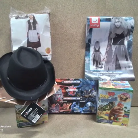 BOX TO CONTAIN ASSORTED HOUSEHOLD GOODS AND PRODUCTS TO INCLUDE; POP UP PIRATE, WOMEN'S COSTUMES, BAKUGAN ULTIMATE PACK