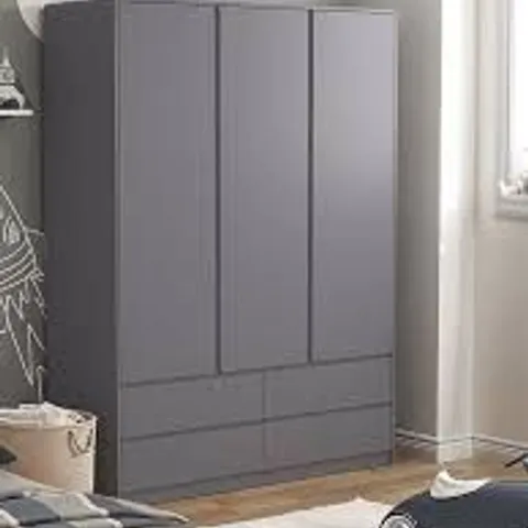 BOXED BAILEY KIDS 3 DOOR, 4 DRAWER WARDROBE - GREY (3 BOXES)