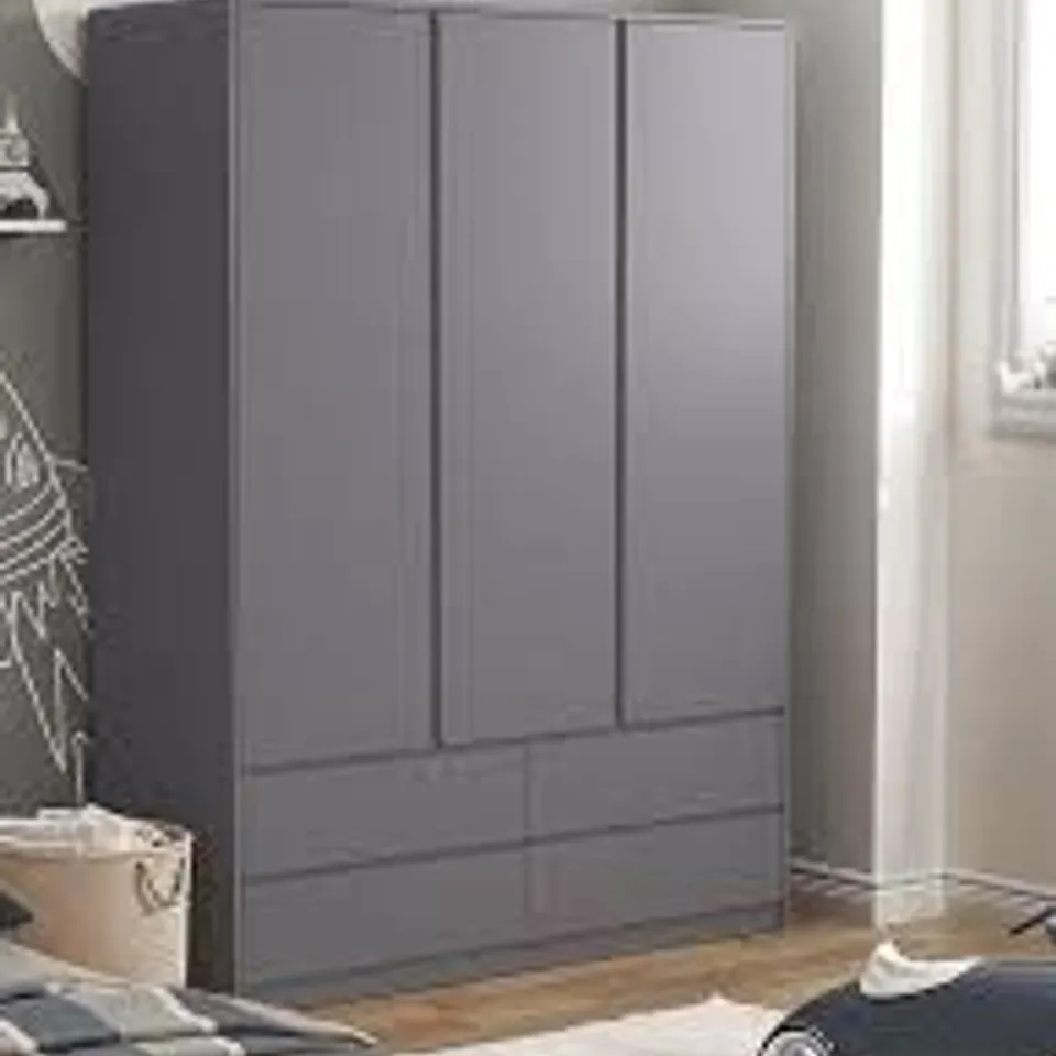 BOXED BAILEY KIDS 3 DOOR, 4 DRAWER WARDROBE - GREY (3 BOXES) RRP £349