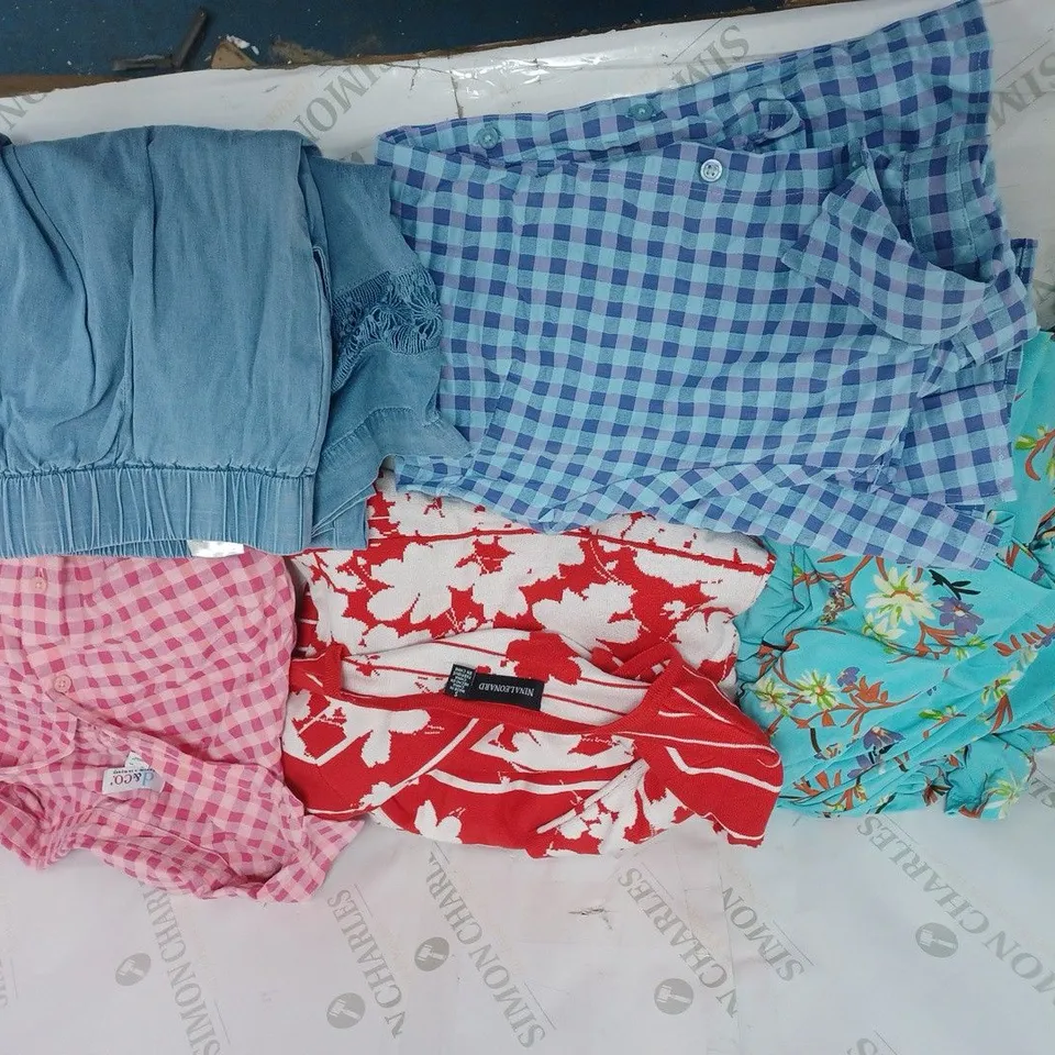 LARGE BOX OF ASSORTED CLOTHING ITEMS TOO INCLUDE TOPS , DRESSES AND JUMPERS COMING IN DIFFERENT COLOURS AND SIZES 