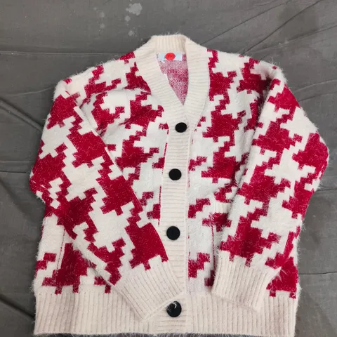 & MAISI KNITTED CARDIGAN – CREAM WITH RED GEOMETRIC PATTERN, BLACK BUTTONS - SIZE UNSPECIFIED