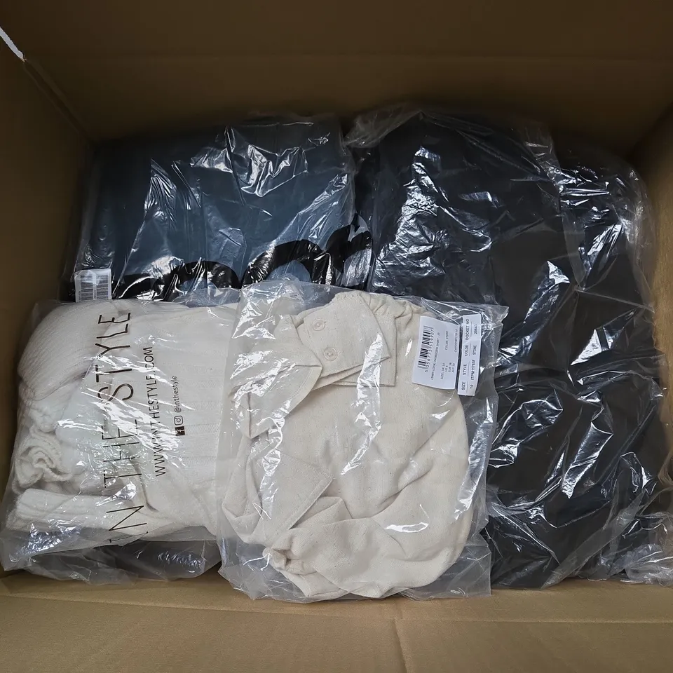 LARGE BOX OF ASSORTED CLOTHING ITEMS IN VARIOUS SIZES, STYLES AND COLOUR 