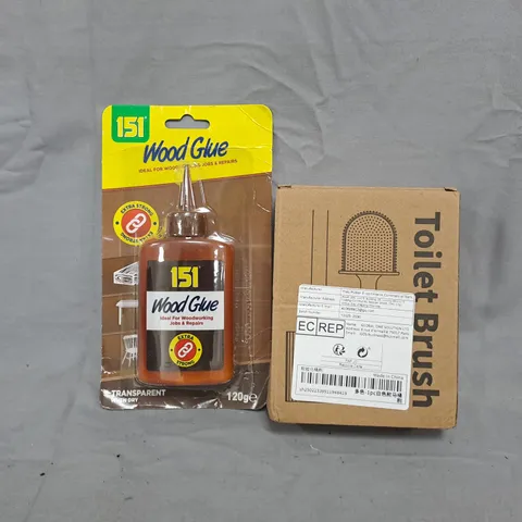 APPROXIMATELY 10 ASSORTED HOUSEHOLD ITEMS TO INCLUDE WOOD GLUE, TOILET BRUSH, ETC