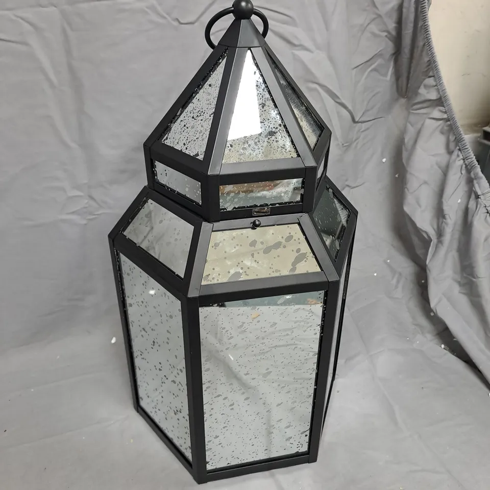 HOME STORIES MERCURY GLASS LARGE LANTERN WITH RICE LIGHTS
