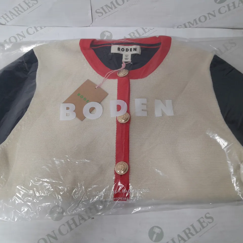 BODEN HOLLY KNITTED JACKET IN WARM IVORY/NAVY/RED - UK 10