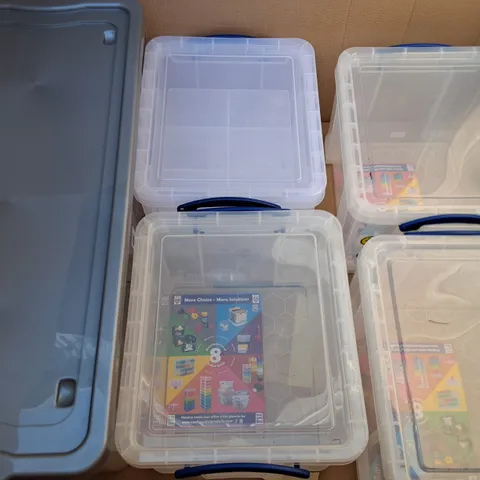 PALLET OF APPROXIMATELY 5 ASSORTED STORAGE CONTAINERS TO INCLUDE -35L CLEAR PLASTIC , 125L WHEELED STORAGE CONTAINER