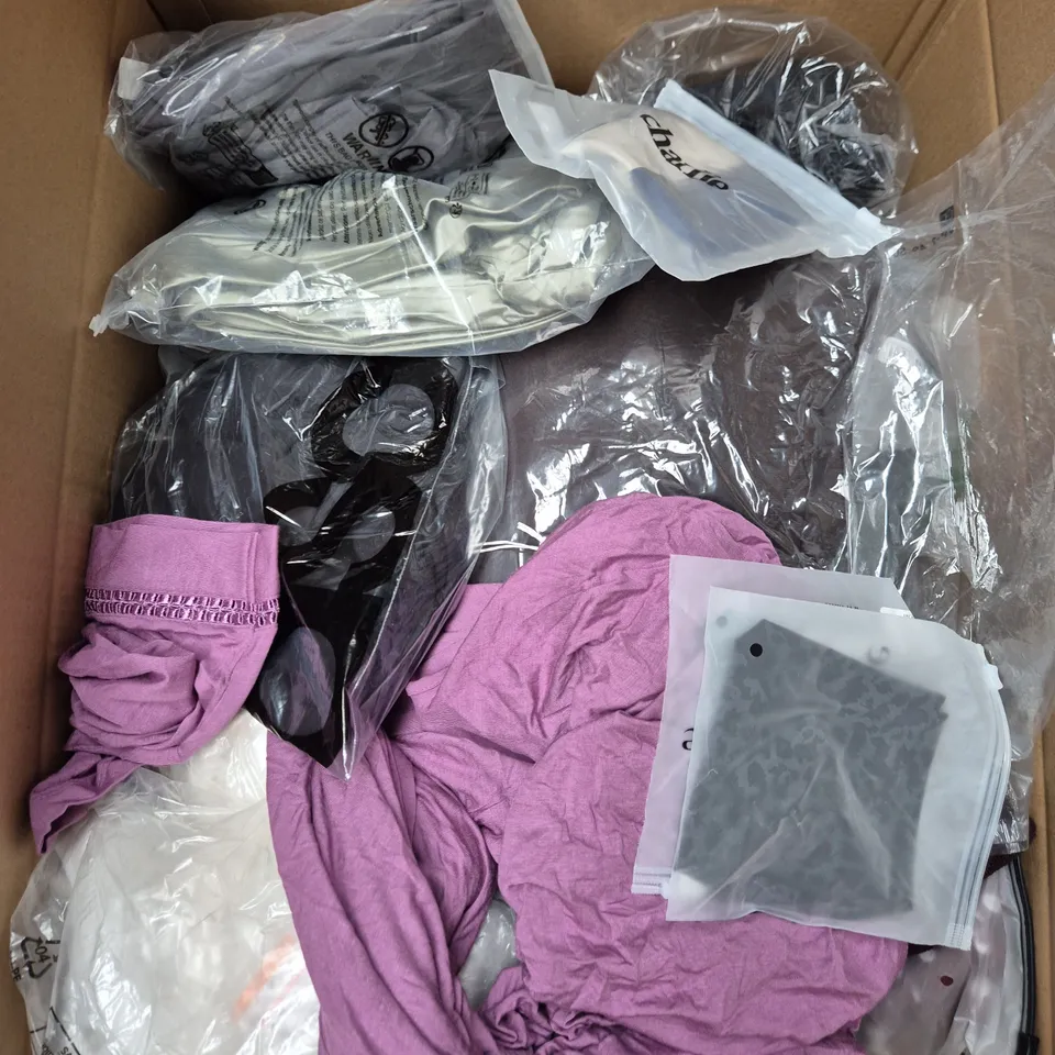 LARGE BOX OF APPROXIMATELY 25 ASSORTED CLOTHING ITEMS IN VARIOUS COLOURS, STYLES AND SIZES - COLLECTION ONLY