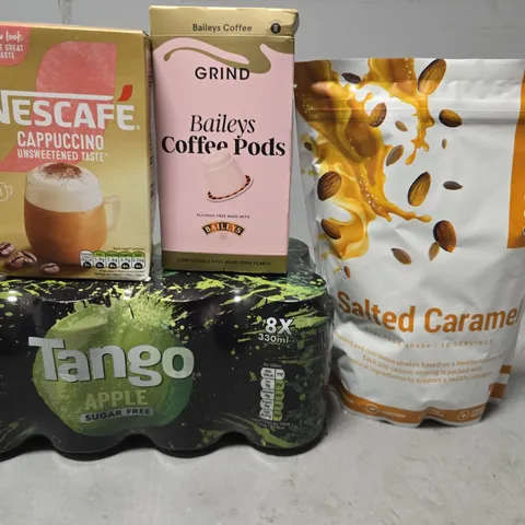 APPROXIMATELY 12 ASSORTED FOOD & DRINK ITEMS TO INCLUDE - GRIND BAILEYS COFFEE PODS , TANGO APPLE , THE FAST 800 SALTED CARAMEL ETC
