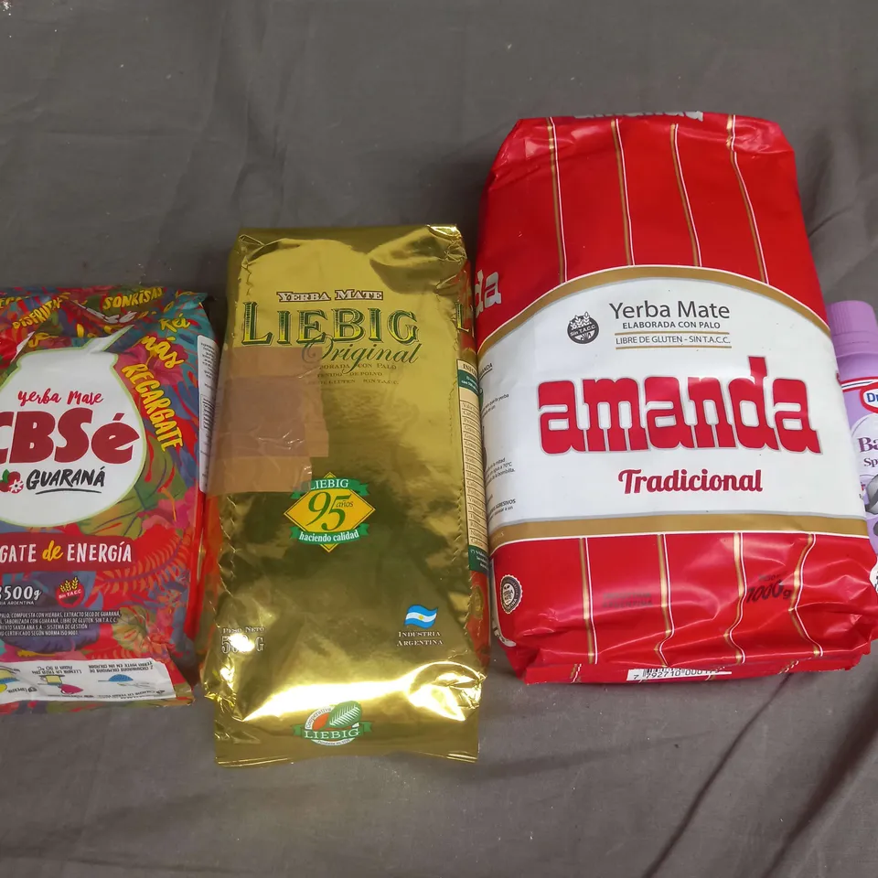 APPROXIMATELY 4 ASSORTED FOOD ITEMS TO INCLUDE - YERBA MATE CBSE GUARANA DRINK - DR OEKTAR BAKESPRAY - YERBA MATE LIEBIG DRINK - ETC