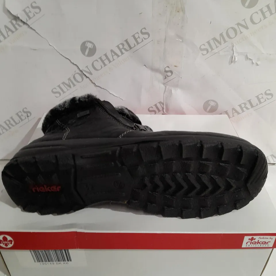 BOXED RIEKER ANKLE BOOTS WITH FUR CUFF, BLACK - SIZE 6