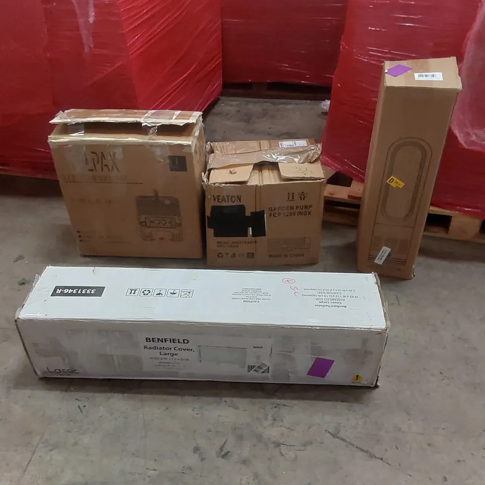 PALLET OF ASSORTED ITEMS TO INCLUDE: AIR COMPRESSOR, GARDEN PUMP, RADIATOR COVER, PURE COOL FAN ECT