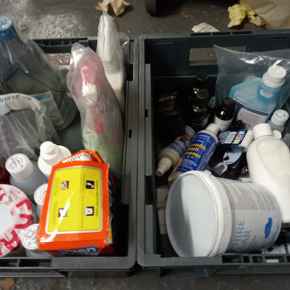 LOT OF 4 CRATES OF ASSORTED HOUSEHOLD LIQUID ITEMS TO INCLUDE WOOD GLUE, ASTONISH NON-BIO AND GLYPHO 360 - COLLECTION ONLY