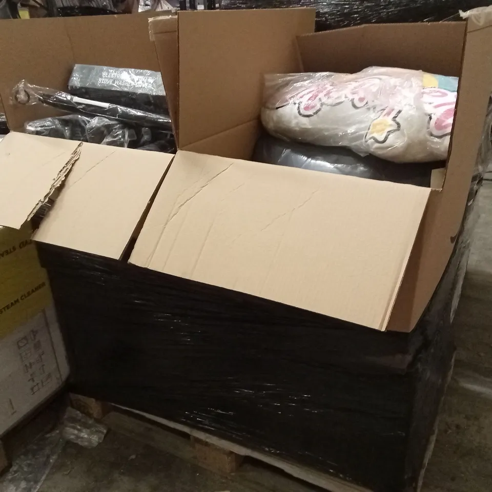 PALLET OF ASSORTED HOUSEHOLD GOODS AND PRODUCTS TO INCLUDE; CUSHIONS, PRAM PARASOLS, ELECTRIC STOVE TOP COVERS ETC