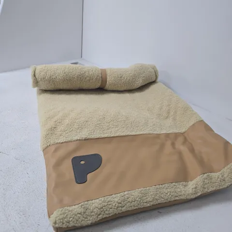 BEIGE PLUSH PET BED WITH ROLLED BOLSTER – FAUX FUR INTERIOR