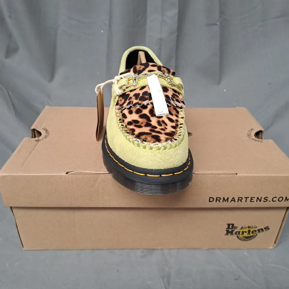 BOXED PAIR OF DR MARTENS ADRIAN BONE SNAFFLE SUEDE LOAFERS IN LIME/LEOPARD PRINT FAUX HAIR UK SIZE 6