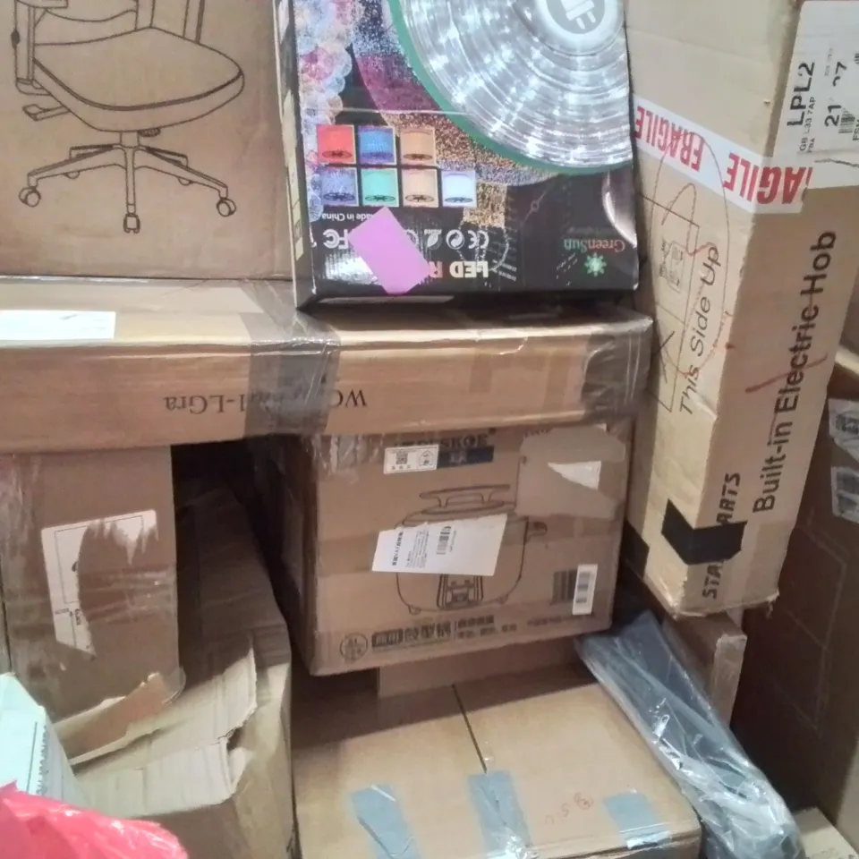 PALLET CONTAINING VARIOUS ASSORTED BOXED HOUSEHOLD ITEMS TO INCLUDE: 8 DRAWER STORAGE DRESSER, OFFICE CHAIR, PUSH CHAIR, LED ROPE LIGHTS, ELECTRIC HOB AND LOTS MORE UNMARKED BOXED ITEMS
