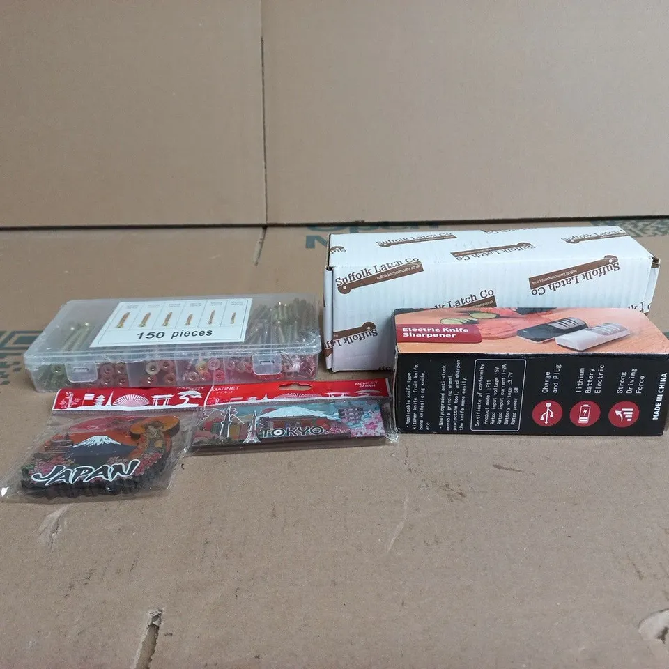TOTE OF APPROXIMATELY 12 ASSORTED ITEMS TO INCLUDE SUFFOLK LATCH CO BEEHIVE DOOR KNOW, 150 PIECE SCREW SET, JAPAN FRIDGE MAGNETS, ELECTRIC KNIFE SHARPENER ETC
