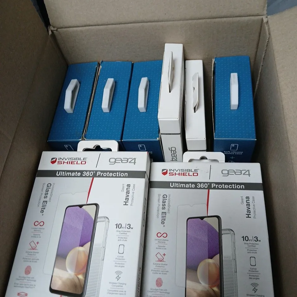 BOX OF APPROXIMATELY 18 ASSORTED PHONE CASES INCLUDING MOBILE PHONE ACCESSORY BUNDLE: INVISIBLESHIELD GLASS ELITE+ SCREEN PROTECTORS FOR SAMSUNG GALAXY A32 5G + ASSORTED CASES (IPHONE ESSENTIALS BUNDL