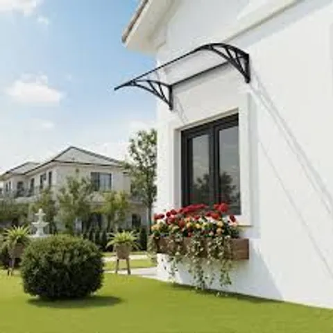 BOXED YAHEETECH 120cm W Γ 76cm D PLASTIC COVER RETRACTABLE DOOR / WINDOW AWNING - BLACK (1 BOX)