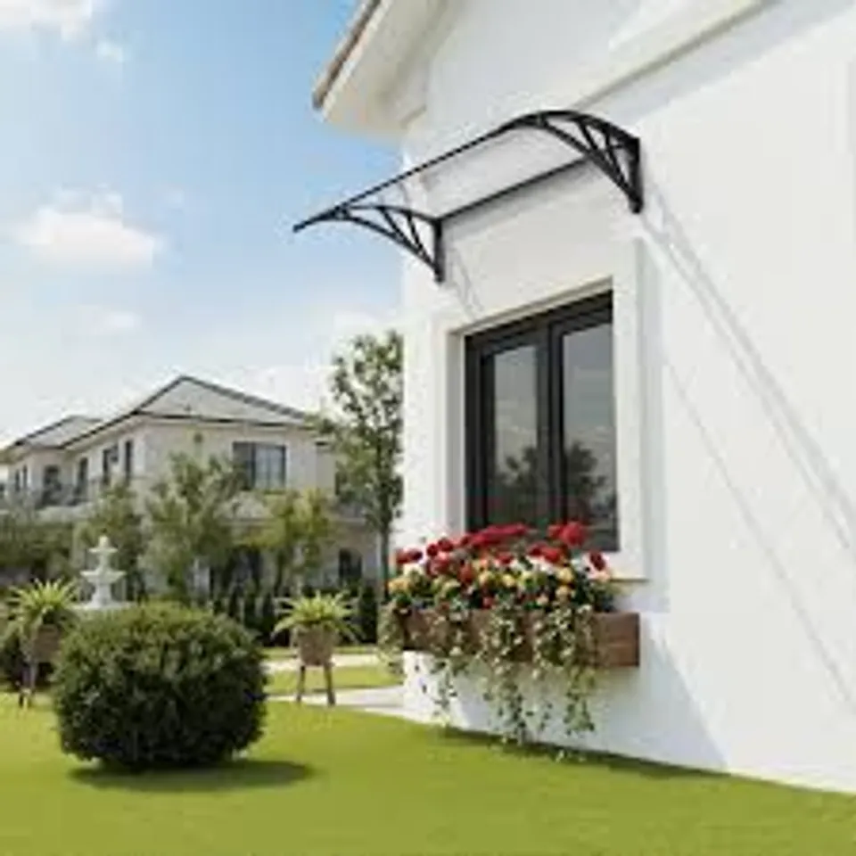 BOXED YAHEETECH 120cm W × 76cm D PLASTIC COVER RETRACTABLE DOOR / WINDOW AWNING - BLACK (1 BOX)