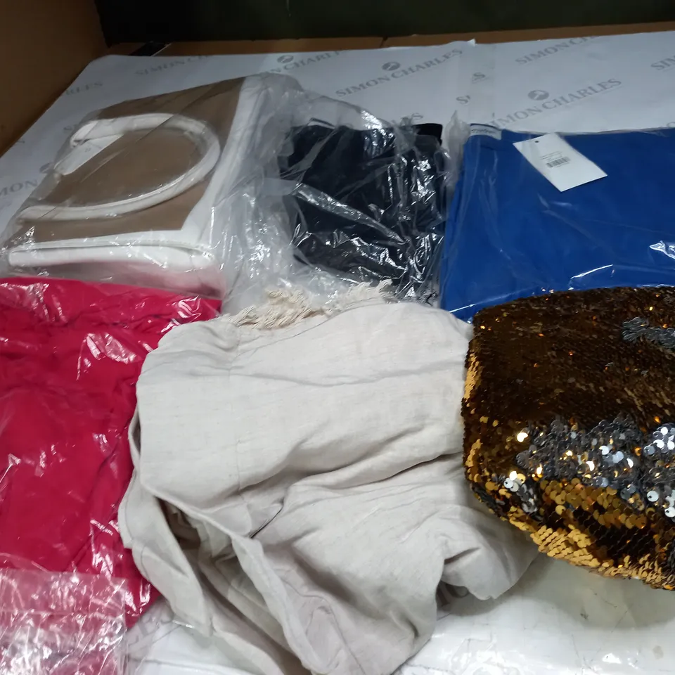 BOX OF ASSORTED CLOTHING ITEMS TOO INCLUDE JUMPERS, SHIRTS AND TROUSERS IN VARIOUS SIZES AND COLOURS   