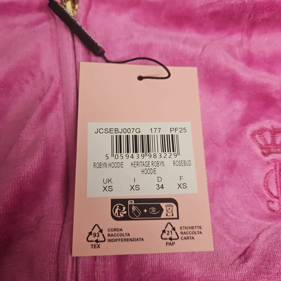 JUICY COUTURE HERITAGE ROBYN HOODIE – ROSEBUD PINK VELOUR, UK XS