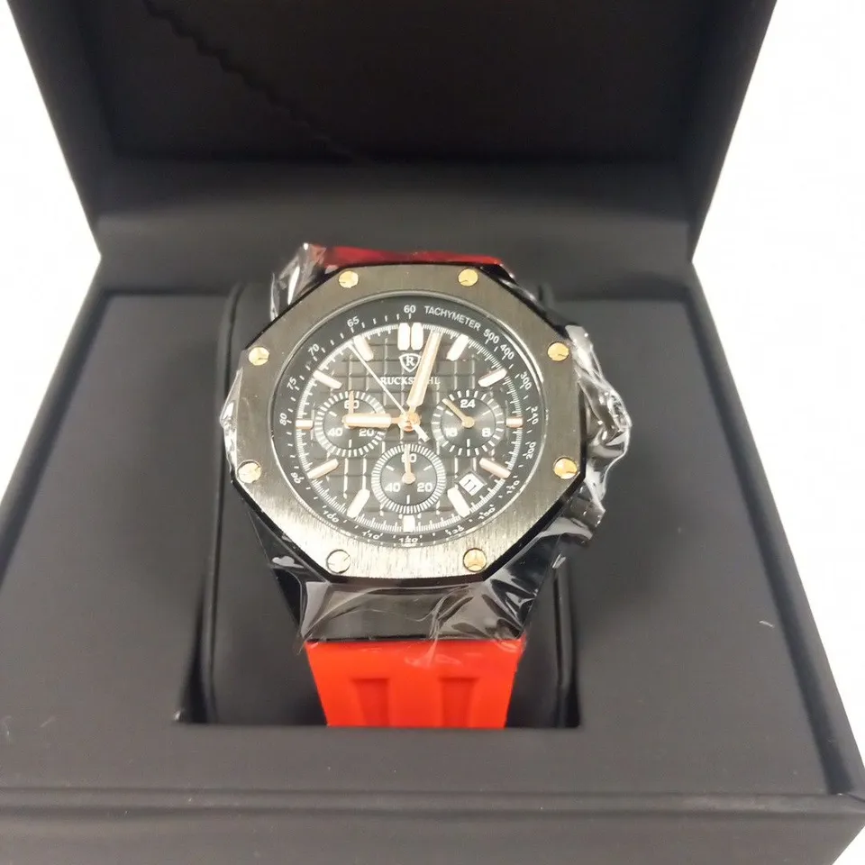MEN’S RUCKSTUHL CHRONOGRAPH R400 WATCH – SILVER COLOUR CASE – SILVER DIAL – 3ATM WATER RESISTANT – BLUE RUBBER STRAP 