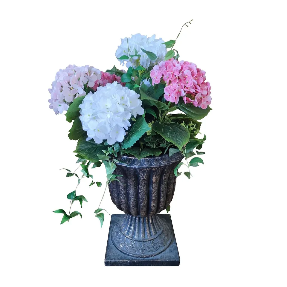 GARDEN REFLECTION INDOOR OUTDOOR HYDRANGEA AND IVY IN WINDOW DECORATION IN BLUE