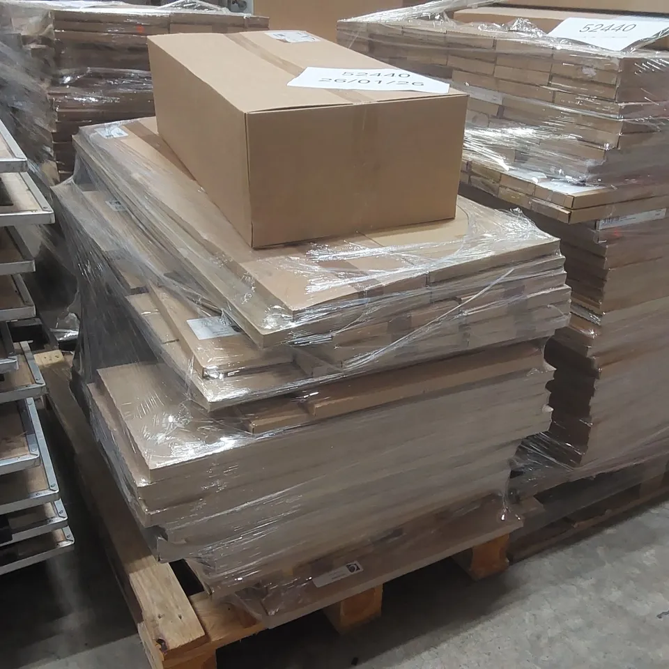 PALLET CONTAINING A LARGE QUANTITY OF ASSORTED BATHROOM FURNITURE PARTS INCLUDING: VANITY CARCASS, TALL WALL DOOR FURNITURE PART, VANITY PELMET PANEL ECT