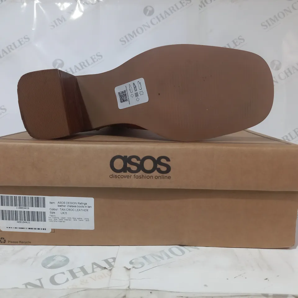BOXED PAIR OF ASOS DESIGN CROC LEATHER CHELSEA BOOTS IN TAN UK SIZE 5