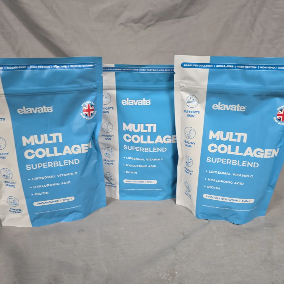 LOT OF 3 ELEVATE MULTI-COLLAGEN SUPERBLEND POWDERS - 174G UNFLAVOURED