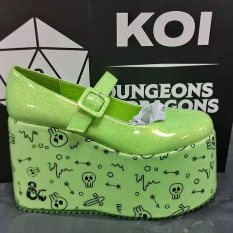 BOXED BRAND NEW KOI D&D GLABAGOOL GELATINOUS CUBE WEDGE MARY JANES SHOES IN GREEN - UK 6