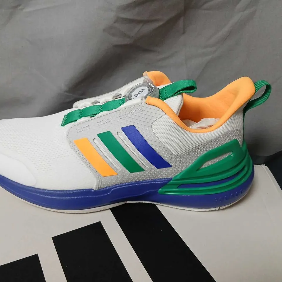 ADIDAS RAPIDSPORT BOA K KIDS' TRAINERS – WHITE WITH MULTICOLOUR STRIPES SIZE 3