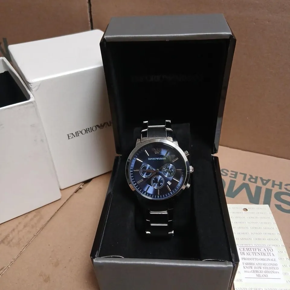 EMPORIO ARMANI CHRONOGRAPH WRISTWATCH – BLUE DIAL, STAINLESS STEEL BRACELET (BOXED)
