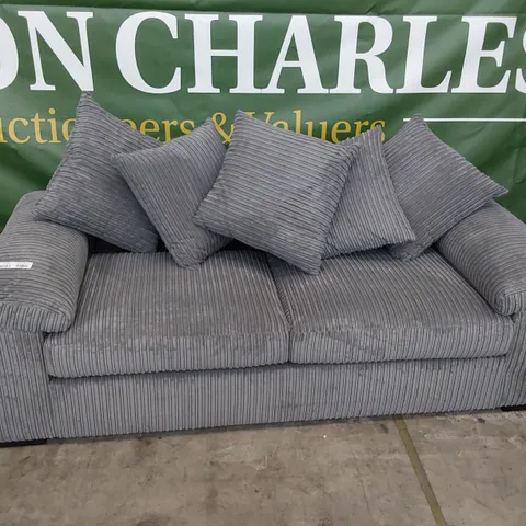 DESIGNER THREE SEATER SOFA WITH SCATTER CUSHIONS GREY JUMBO CHORD