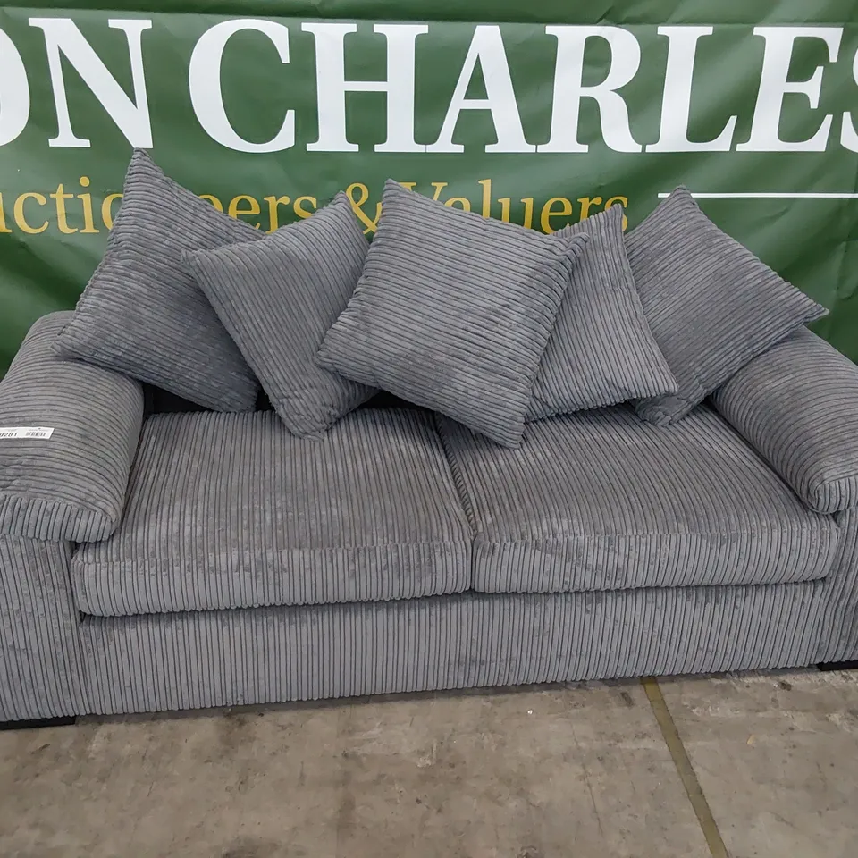 DESIGNER THREE SEATER SOFA WITH SCATTER CUSHIONS GREY JUMBO CHORD 