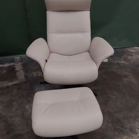 QUALITY BRITISH DESIGNER G PLAN MANUAL RECLINING SWIVEL CHAIR WITH FOOTSTOOL CAMBRIDGE CHALK LEATHER