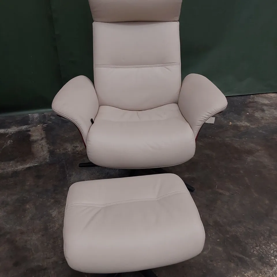 QUALITY BRITISH DESIGNER G PLAN MANUAL RECLINING SWIVEL CHAIR WITH FOOTSTOOL CAMBRIDGE CHALK LEATHER 