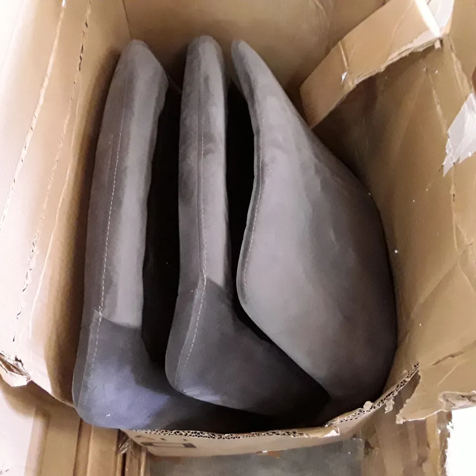 BOXED SET OF 3 GREY VELVET DINNING CHAIRS (NO LEGS)