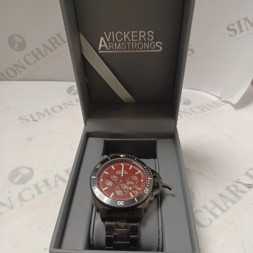 BOXED VICKERS ARMSTRONGS GEOSPHERE CHRONOGRAPH MOVEMENT RED DIAL BLACK CHAIN STRAP WATCH