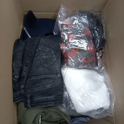 BOX OF ASSORTED CLOTHING ITEMS TOO INCLUDE JUMPERS, SHIRTS AND TROUSERS IN VARIOUS SIZES AND COLOURS
