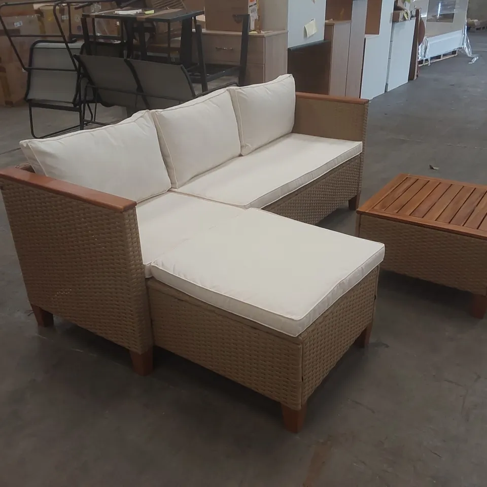 OUTDOOR WICKER PATIO CONVERSATION FURNITURE SET WITH ACACIA WOOD COFFEE TABLE