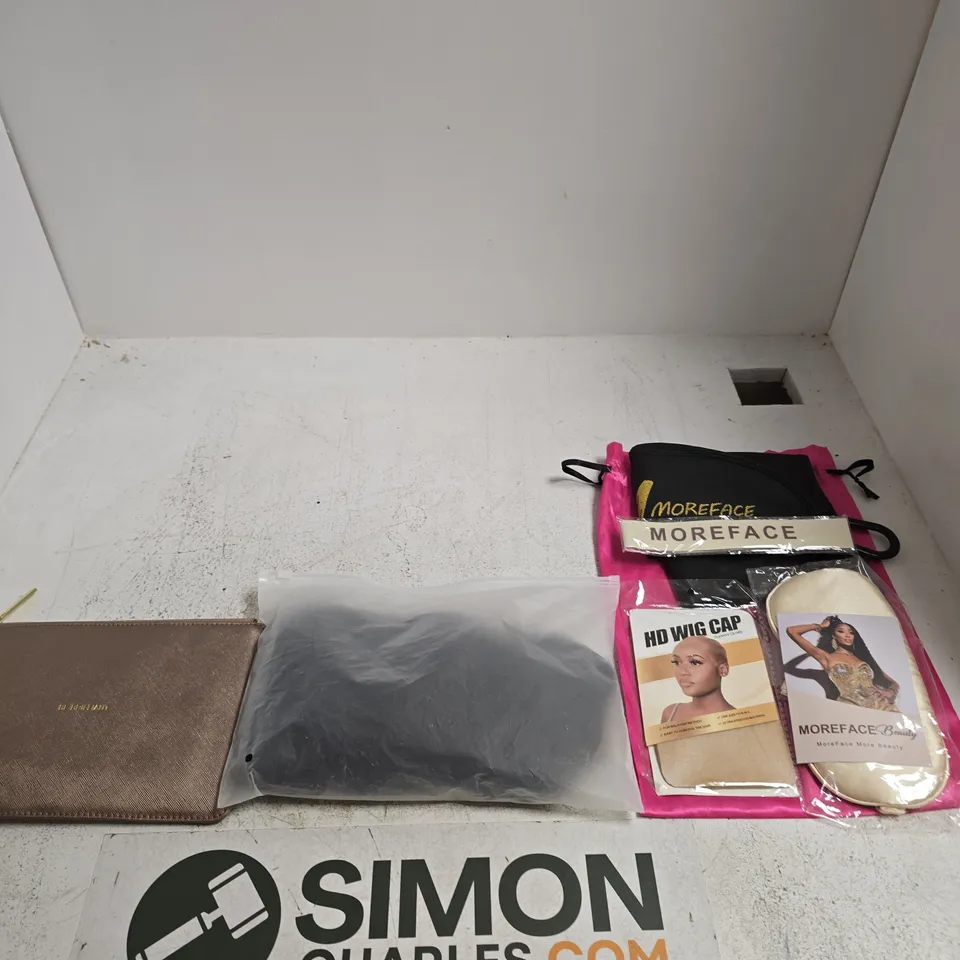 TOTE OF APPROXIMATELY 6 ASSORTED ITEMS INCLUDING MOREFACE EYE MASK, HEADBAND AND WIG CAP, A WIG AND A KATIE LOXTON BE BRILLIANT POUCH