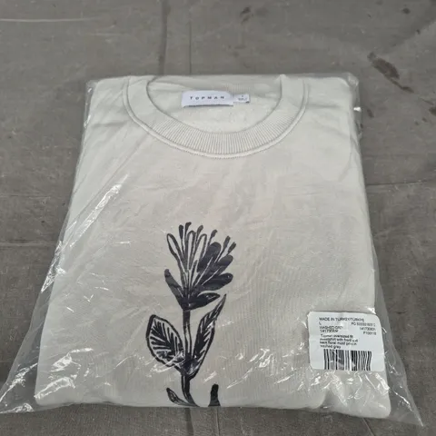 TOPMAN OVERSIZED FIT SWEATSHIRT – WASHED GREY, SIZE L, FLORAL MOTIF (FRONT & BACK PRINT)