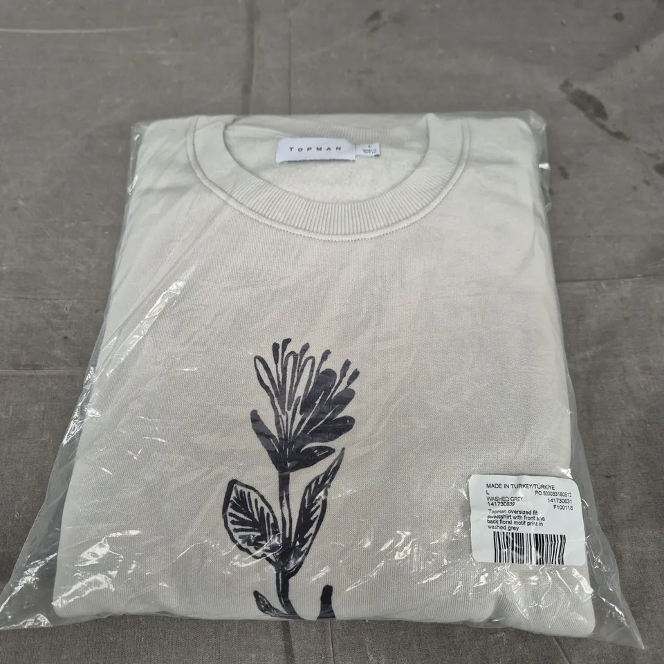 TOPMAN OVERSIZED FIT SWEATSHIRT – WASHED GREY, SIZE L, FLORAL MOTIF (FRONT & BACK PRINT)