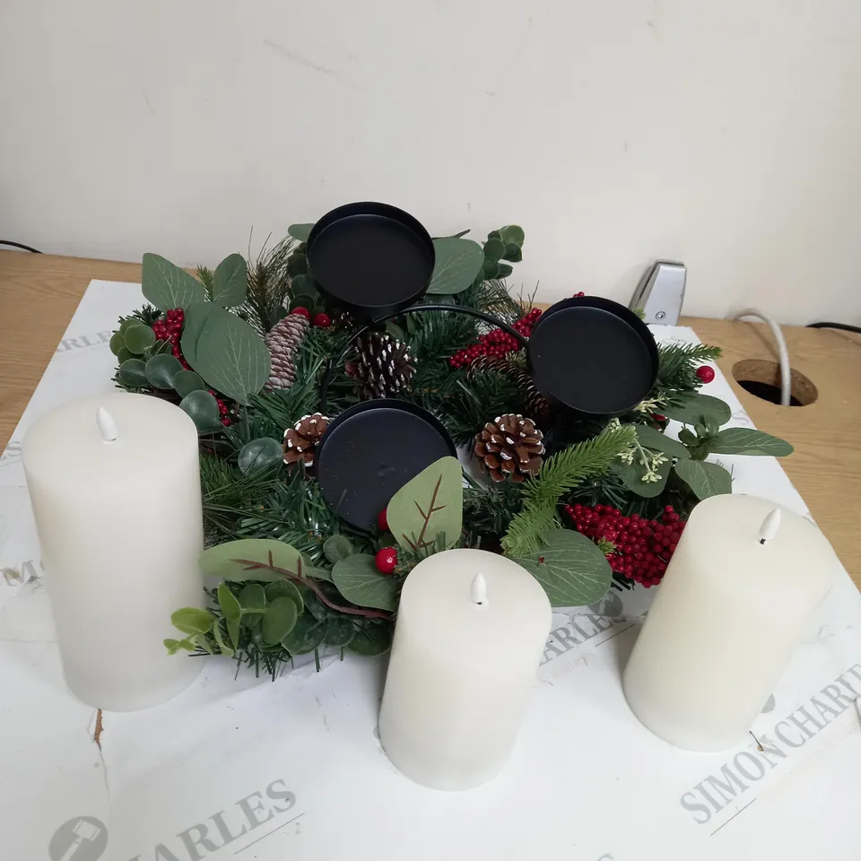HOME REFLECTIONS 3 IN 1 FLAMELESS CANDLE WITH WREATH SET RED BERRY